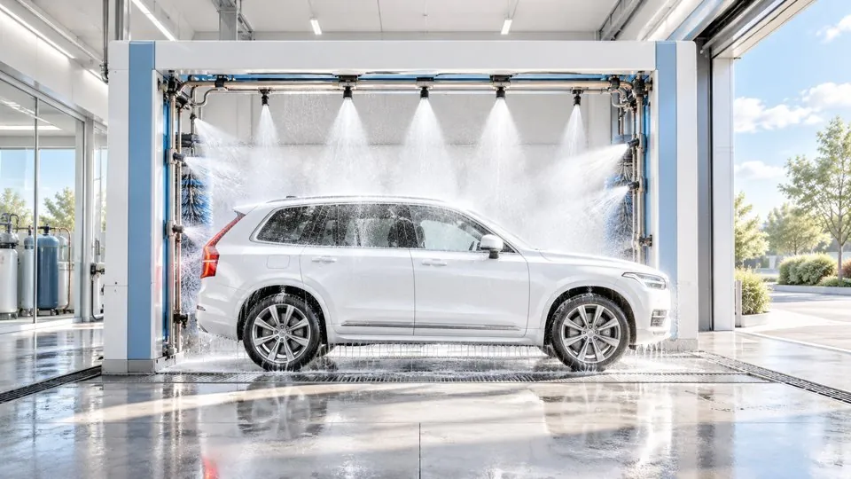 A white SUV under spray nozzles in a modern car wash bay